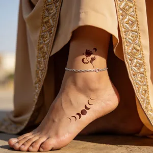 Detailed shot of temporary tattoo stickers and silver anklet on foot, elegant body art design.