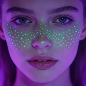 Nahaufnahme Detailansicht von leuchtenden Neon Sommersprossen Aufklebern für Party Make-up.