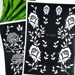 Detailed view of rose flower henna tattoo stencil, black hollow spray template, nice.