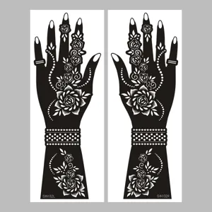 Detailed view of henna tattoo stencil featuring intricate rose and vine patterns for hands.