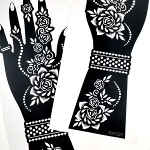 Detailed view of hollow henna tattoo stencils with floral and dot patterns for hands and arms.