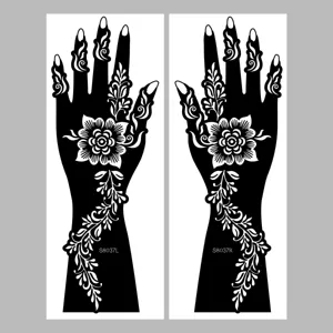 Black floral henna tattoo sticker set for hands, waterproof temporary body art design template.