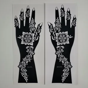 Henna tattoo stickers set featuring detailed floral peony designs for hands and arms, waterproof style.
