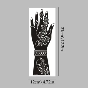 Waterproof henna tattoo stencil template, black floral hand totem sticker design for body art.