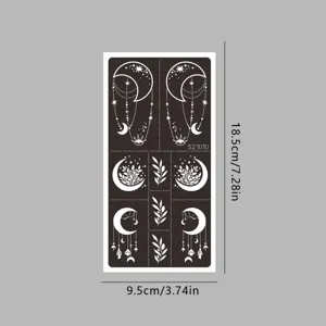 Detailed view of reusable henna tattoo stencil sheet with moon and star patterns, 18.5cm size.