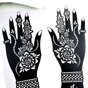 Henna tattoo stencil sticker for hand and arm, reusable hollow template with rose floral design.