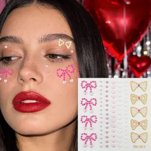 Closeup view of decorative pearl bow face rhinestone stickers for festival party makeup look.