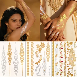 Metallic Temporary Tattoo Sticker Gold Silver Henna Floral Boho Flash Tattoo For Women Party Wedding Body Art