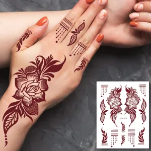 Wasserfeste Henna temporäre Tattoo-Aufkleber mit filigranen rotbraunen Spitzen-Blumenmustern.