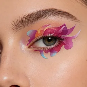 Close-up detail of colorful eye shadow tattoo sticker, perfect for eye makeup and festival party look.