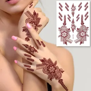 Wasserdichter Temporärer Tattoo-Aufkleber Rotbraun Spitzen Blumen Körperkunst Aufkleber Für Frauen Hand Finger Täglich Make-up
