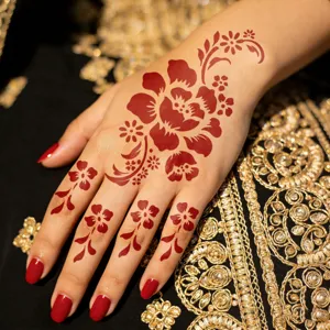 Primer plano de la plantilla de pegatina de tatuaje de henna floral roja en la mano.