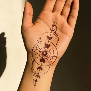 Gros plan détaillé d'une main avec des phases lunaires délicates et un motif géométrique.