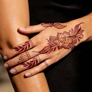 Wasserfester Henna Tattoo Aufkleber mit rotbraunem Spitzen Blumenmuster fuer Hand Detailansicht.