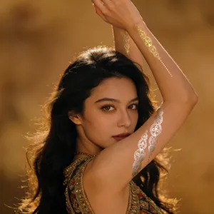 Gold and silver metallic temporary henna tattoo stickers for women, waterproof party body art.