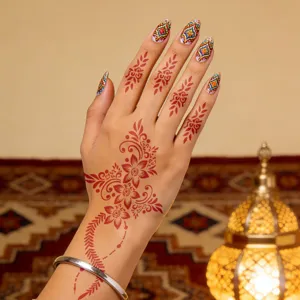 Detail view of red floral vine temporary tattoo sticker, henna style body art showing elegant hand design.