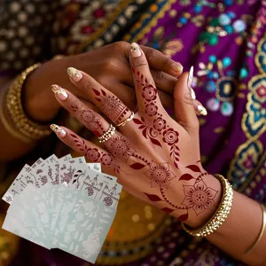 Detail view of floral henna tattoo sticker sheet, waterproof back of hand lace design.