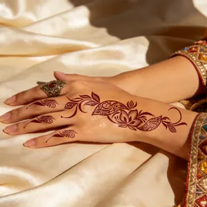 Detailansicht des rotbraunen Henna temporären Tattoo-Aufklebers mit elegantem Spitzenmuster.