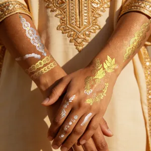 Metallic henna temporary tattoo sticker close-up detail for party and wedding fashion decoration.