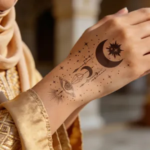 Autocollant de tatouage temporaire céleste avec motif de lune et soleil pour la main.