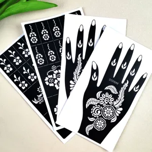 Plantillas de tatuaje de henna pegatina, diseño de mano floral negro set de arte corporal.