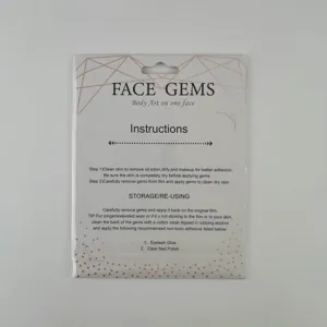 Detailed view of face gems packaging card showing clear step-by-step application instructions.