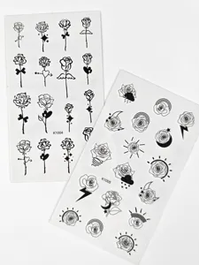 Gedetailleerd overzicht van minimalistische zwarte roos tijdelijke tattoo stickervellen.