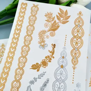 Metallic gold silver henna tattoo sticker sheet floral vintage body art design detail