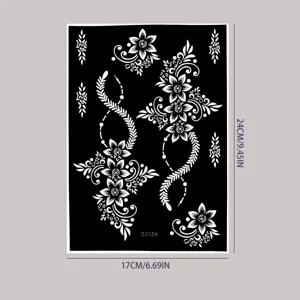 Henna flower tattoo sticker stencil with elegant vine and floral designs for body art.
