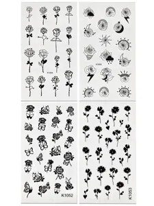 Details van waterdichte zwarte tijdelijke tattoo-stickers met stijlvolle rozen en vlinders.