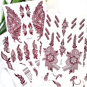 Rote braune temporäre Henna Tattoo Aufkleber Set mit schönen Blumen und Ranken für Hände.