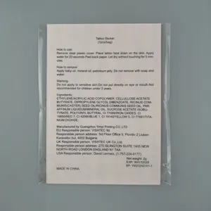 Detailed view of the tattoo sticker instruction card and packaging with clear text.