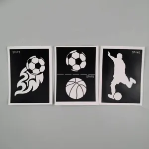 Sports tattoo stencils set featuring football basketball and player silhouette patterns for body art.