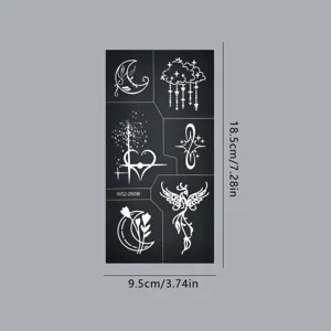 Vue détaillée de la feuille de stickers tatouage blancs avec motifs célestes et phénix.