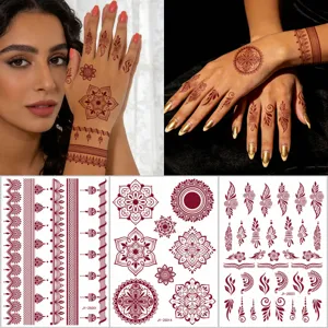Waterproof Temporary Tattoo Sticker Henna Reddish Brown Mandala Lace Floral Body Art For Women Wedding Party