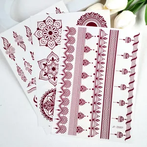 Red brown henna temporary tattoo sticker mandala lace pattern details for wedding party back hand art