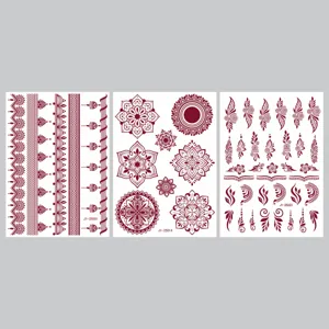 Red brown henna temporary tattoo sticker detail showing mandala and lace patterns for party body art.