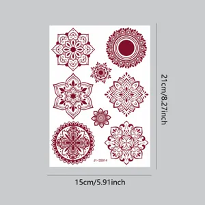 Red-brown henna temporary tattoo sticker with intricate mandala and lace patterns for party.