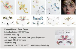 Face gems sticker body art face jewels crystal rhinestones for festival party makeup 1pcs