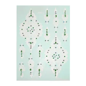 Detail view of white henna style rhinestone tattoo sticker sheet with green diamond designs.