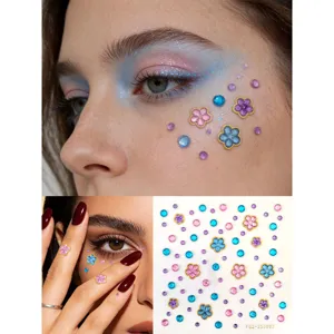 Detailed close-up of colorful face rhinestone stickers, perfect for festival and party makeup.