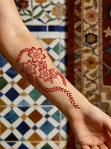 Primer plano detallado de pegatinas de tatuaje temporal de henna floral roja. Elegante.