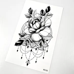 Waterproof temporary tattoo sticker featuring dark style peony flower and geometric bead design.