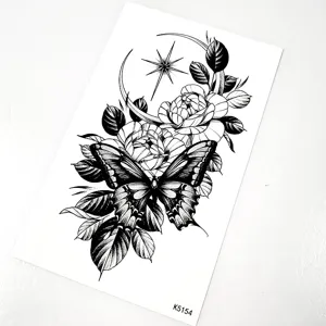 Waterproof temporary tattoo sticker featuring dark style butterfly, peony flowers, moon and star designs.