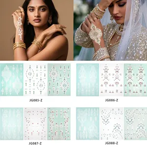 White henna temporary tattoo stickers, Indian bridal hand rhinestone body art designs.
