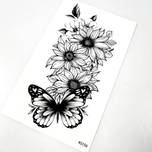 Dark floral butterfly temporary tattoo sticker, waterproof long lasting body art sticker detail view.