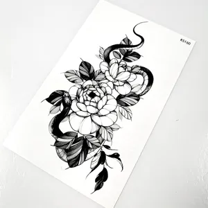 Dark snake peony temporary tattoo sticker, waterproof body art transfer design detail.