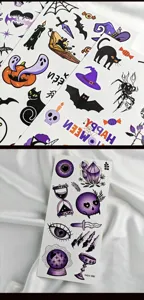Halloween temporary tattoo stickers set, waterproof gothic purple spooky body art for kids.