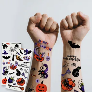 Halloween temporary tattoo stickers featuring cute pumpkins, bats, spiders for kids party.