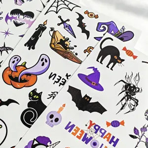 Halloween temporary tattoo stickers for kids, featuring cute pumpkin, bat and spider designs.